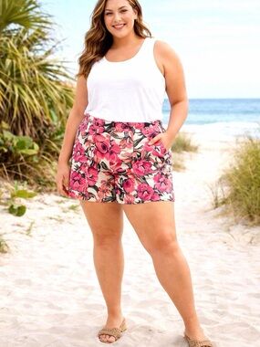 GAP Floral Linen Blend Shorts NWT Size 18 Pink Tropical High Rise Summer